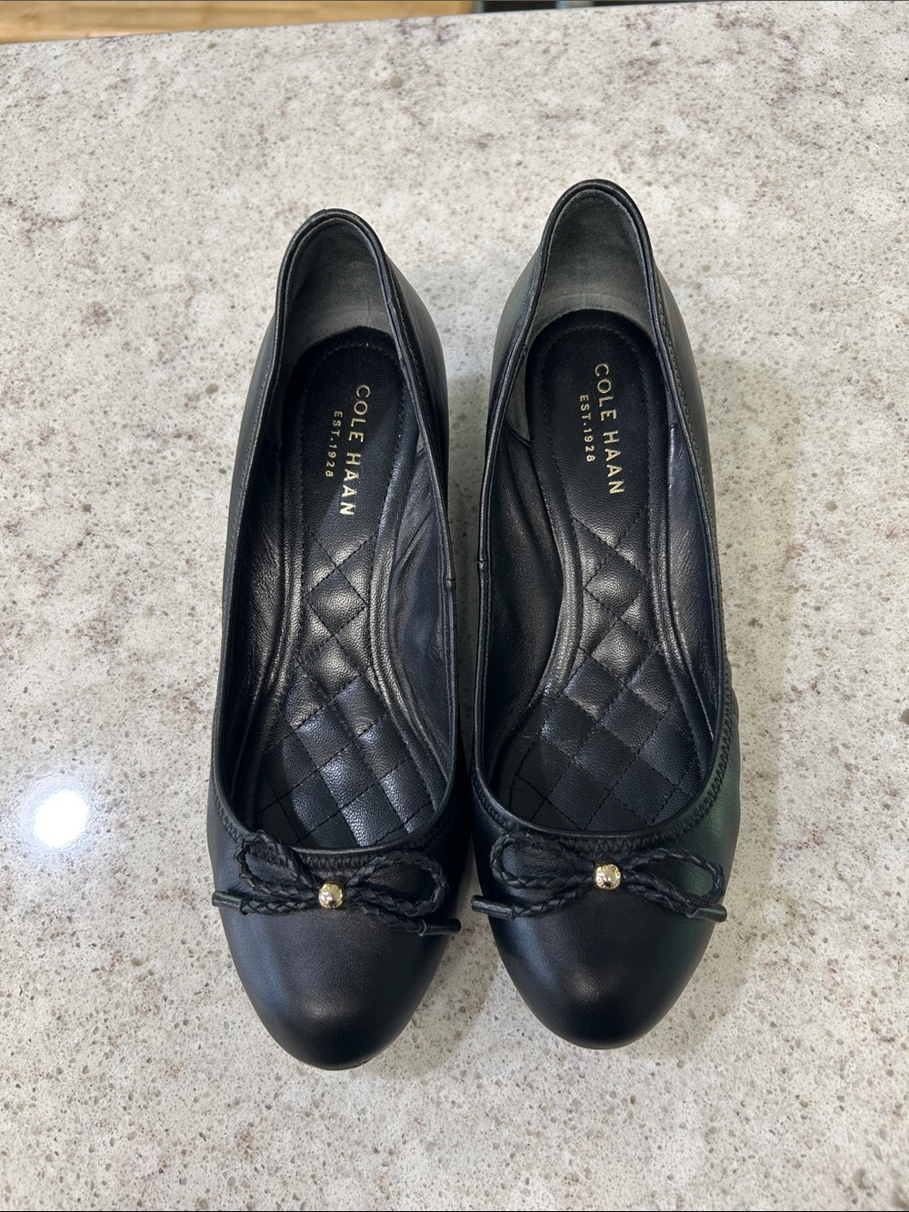 Cole Haan Black Leather Braided Bow Wedge Flats